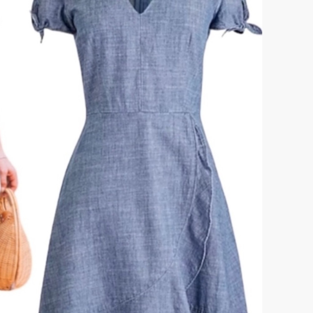 J. Crew Blue Chambray V Neck Ruffle Tie Sleeve Fit Flare Dress